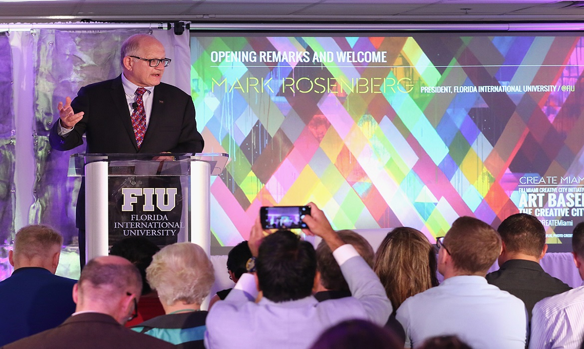 MIAMI BEACH, FL - DECEMBER 03:  FIU President, Mark Rosenberg speaks at FIU And The Creative Class Group, Art Basel - The Creative City at Miami Beach Urban Studios on December 3, 2015 in Miami Beach, Florida.  (Photo by Alexander Tamargo/Getty Images for for FIU and The Creative Class Group)