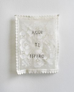 Juan Molina Hernandez aquí te espero (here I wait for you) 2022 Artist’s hair embroidered on lace 10x14 in Lres